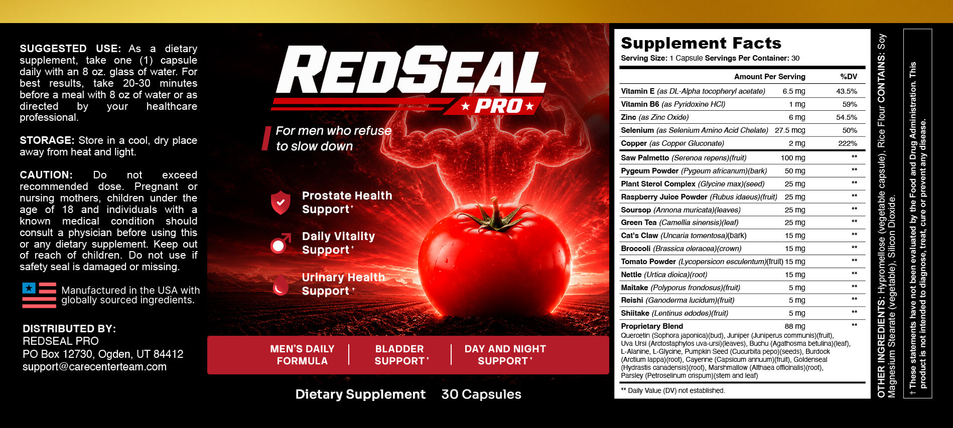 RedSeal PRO label showing suggested use, storage, caution and the Supplement Facts panel